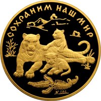 Фото юбилейная золотая монета 10 000 рублей 1996 года из серии «Сохраним наш мир» — Амурский тигр, реверс