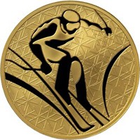 Юбилейная золотая монета 200 рублей 2010 года из серии «Зимние виды спорта» — Горнолыжный спорт, реверс Фото юбилейная золотая монета 200 рублей 2010 года из серии «Зимние виды спорта» — Горнолыжный спорт, реверс
