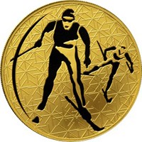 Юбилейная золотая монета 200 рублей 2010 года из серии «Зимние виды спорта» — Лыжные гонки, реверс Фото юбилейная золотая монета 200 рублей 2010 года из серии «Зимние виды спорта» — Лыжные гонки, реверс