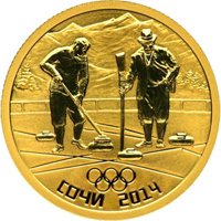 Юбилейная золотая монета 50 рублей 2011 года из серии «XXII Олимпийские зимние игры и XI Паралимпийские зимние игры 2014 года в Сочи» — Керлинг, реверс Фото юбилейная золотая монета 50 рублей 2011 года из серии «XXII Олимпийские зимние игры и XI Паралимпийские зимние игры 2014 года в Сочи» — Керлинг, реверс
